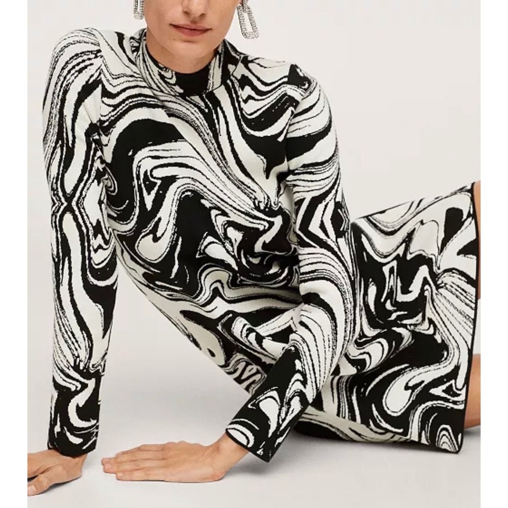 MNG Mango Knit Mini Dress Women 6 Black White Marble Swirl Mod Psychedelic Retro